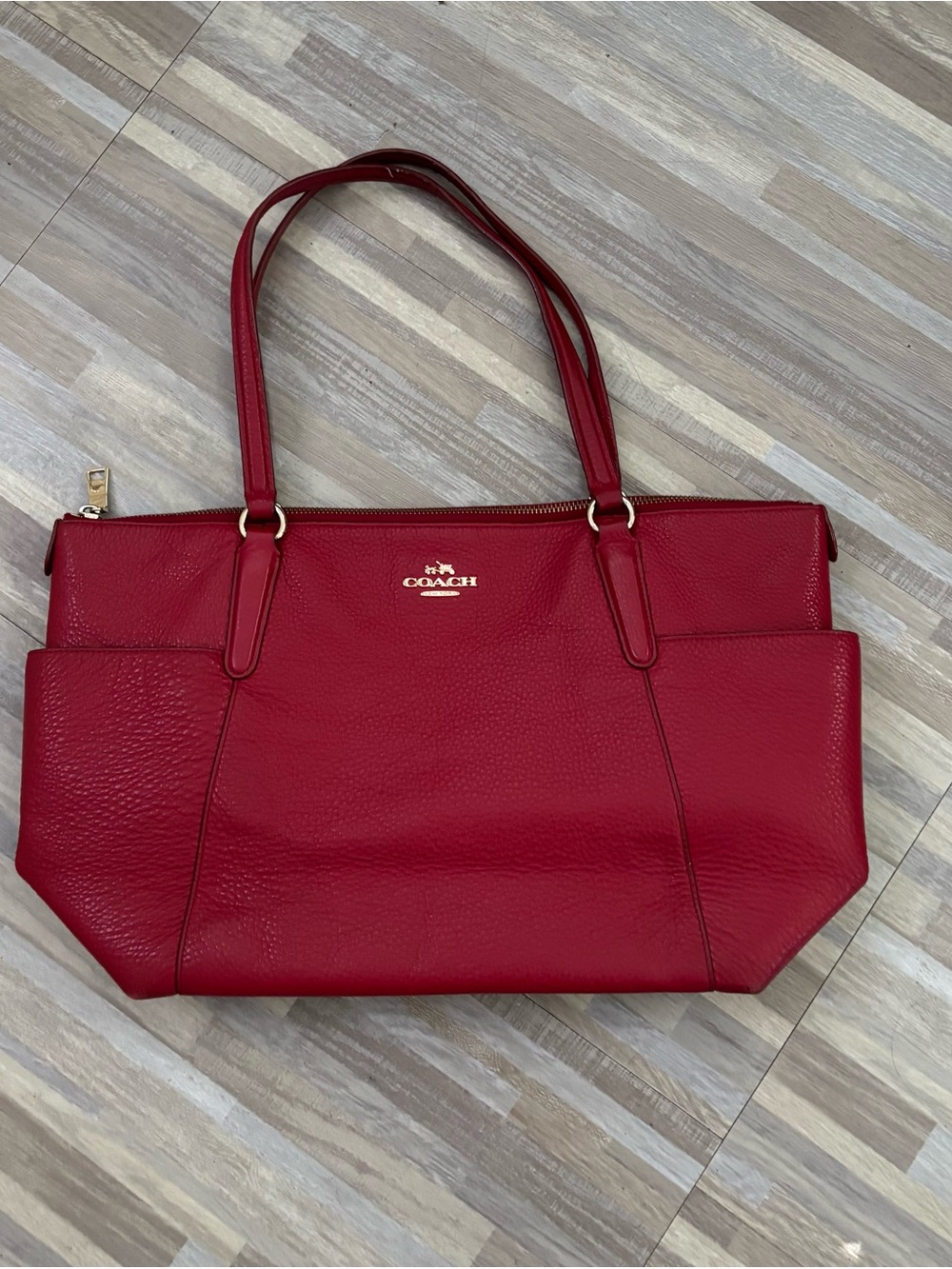 Coach Red Pebble Leather Tote Bag with Gold Logo